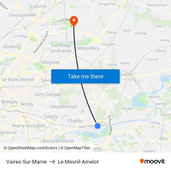 Vaires-Sur-Marne to Le Mesnil-Amelot map