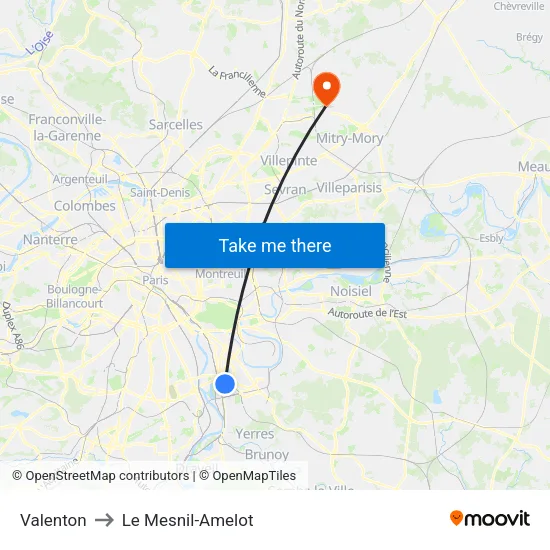 Valenton to Le Mesnil-Amelot map