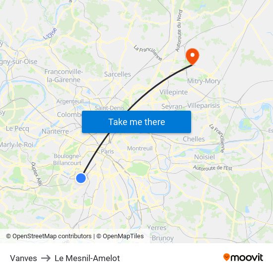 Vanves to Le Mesnil-Amelot map