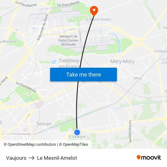 Vaujours to Le Mesnil-Amelot map