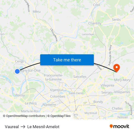 Vaureal to Le Mesnil-Amelot map