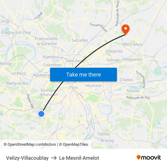 Velizy-Villacoublay to Le Mesnil-Amelot map