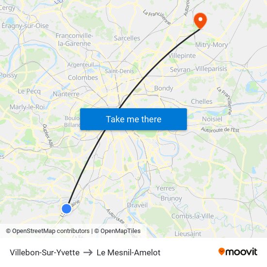 Villebon-Sur-Yvette to Le Mesnil-Amelot map