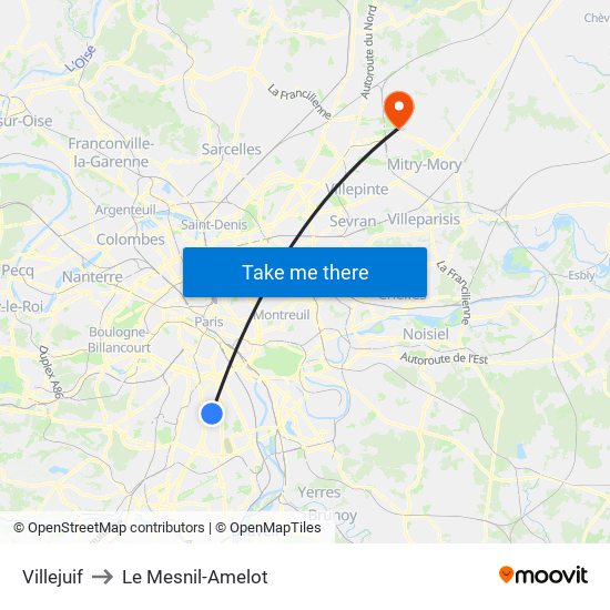 Villejuif to Le Mesnil-Amelot map