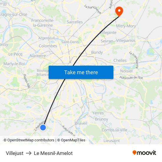 Villejust to Le Mesnil-Amelot map