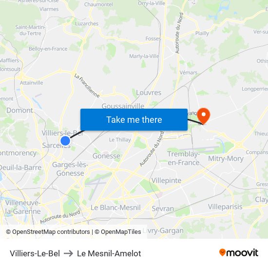 Villiers-Le-Bel to Le Mesnil-Amelot map