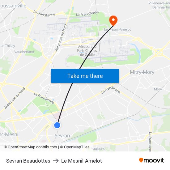 Sevran Beaudottes to Le Mesnil-Amelot map