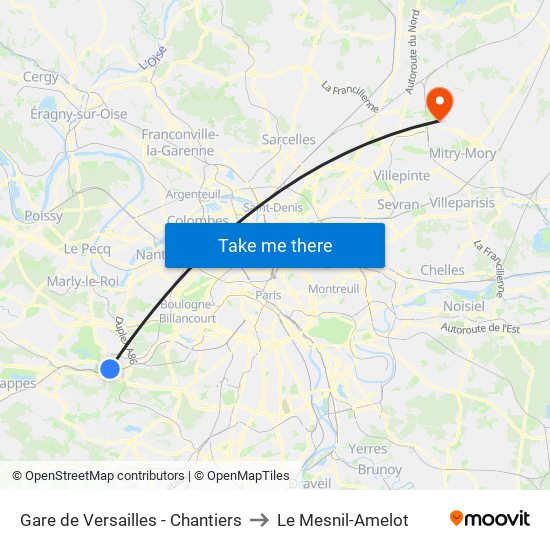 Gare de Versailles - Chantiers to Le Mesnil-Amelot map
