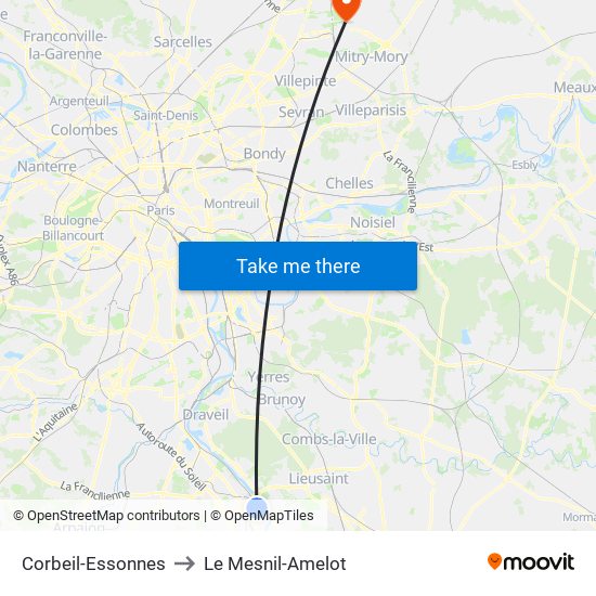 Corbeil-Essonnes to Le Mesnil-Amelot map