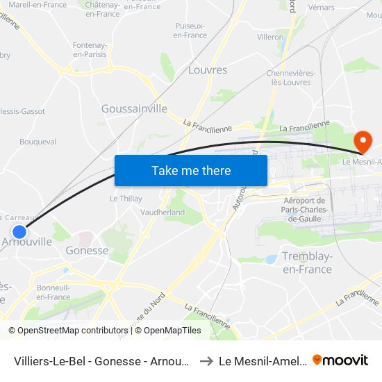 Villiers-Le-Bel - Gonesse - Arnouville to Le Mesnil-Amelot map