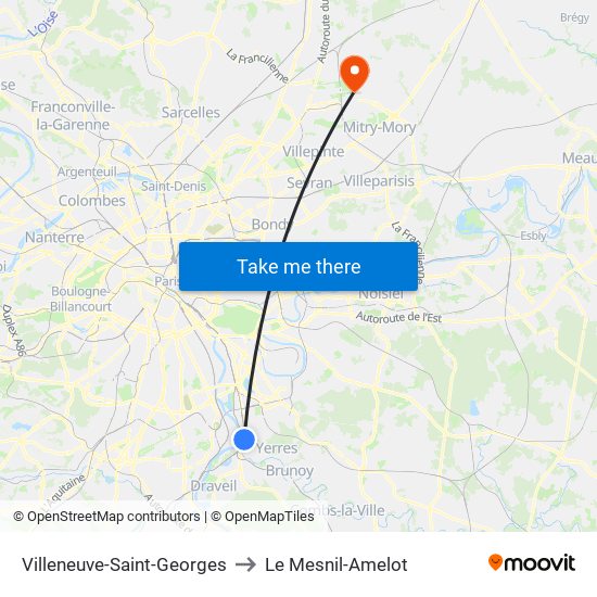Villeneuve-Saint-Georges to Le Mesnil-Amelot map