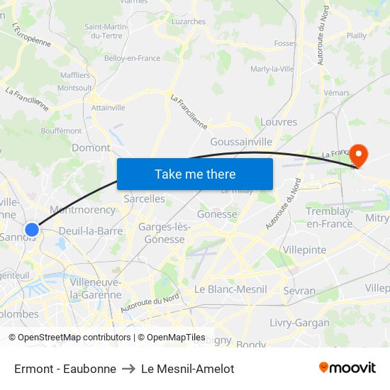 Ermont - Eaubonne to Le Mesnil-Amelot map