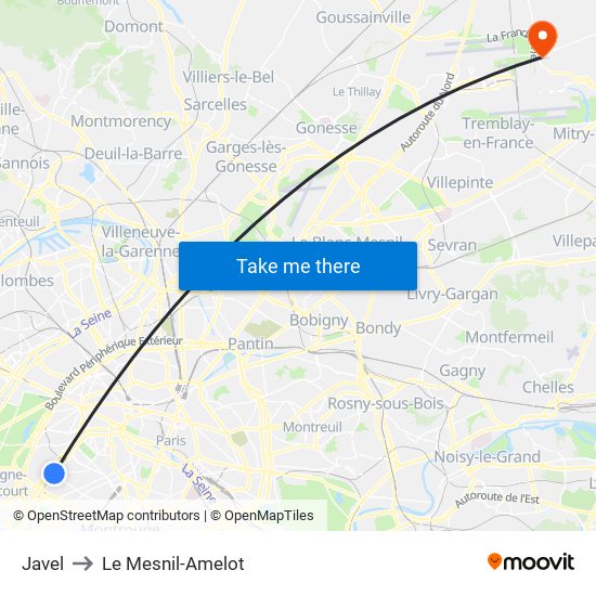 Javel to Le Mesnil-Amelot map