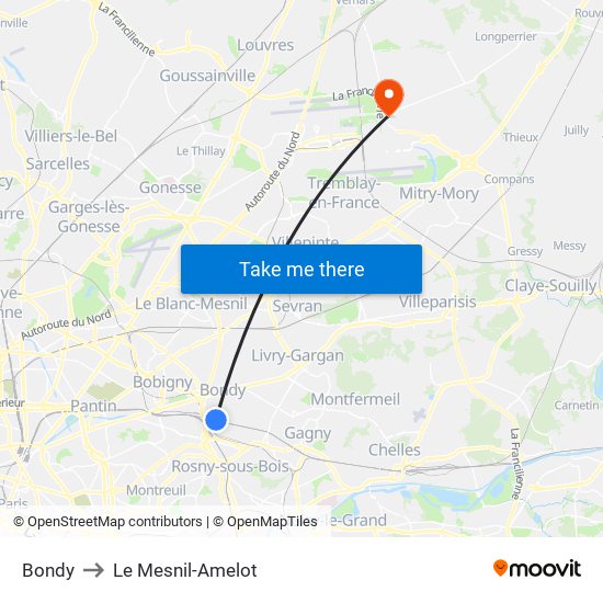 Bondy to Le Mesnil-Amelot map