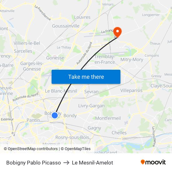 Bobigny Pablo Picasso to Le Mesnil-Amelot map
