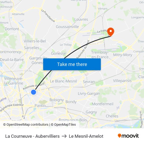 La Courneuve - Aubervilliers to Le Mesnil-Amelot map