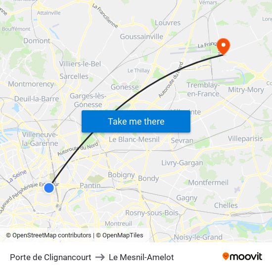Porte de Clignancourt to Le Mesnil-Amelot map