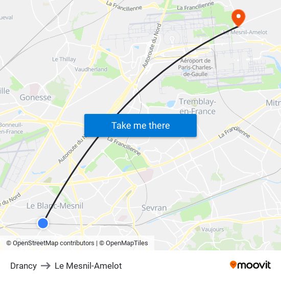 Drancy to Le Mesnil-Amelot map