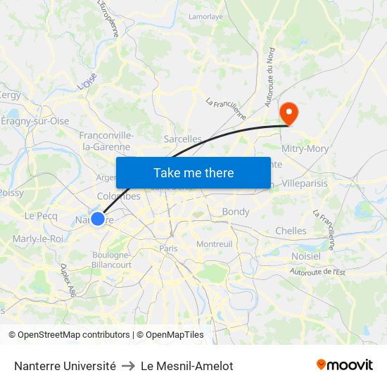 Nanterre Université to Le Mesnil-Amelot map