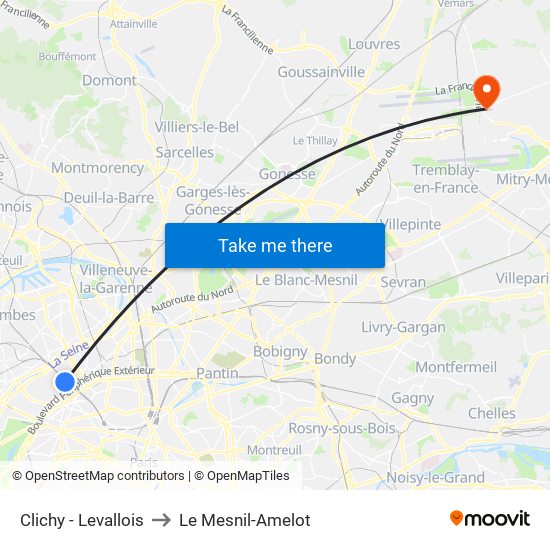 Clichy - Levallois to Le Mesnil-Amelot map