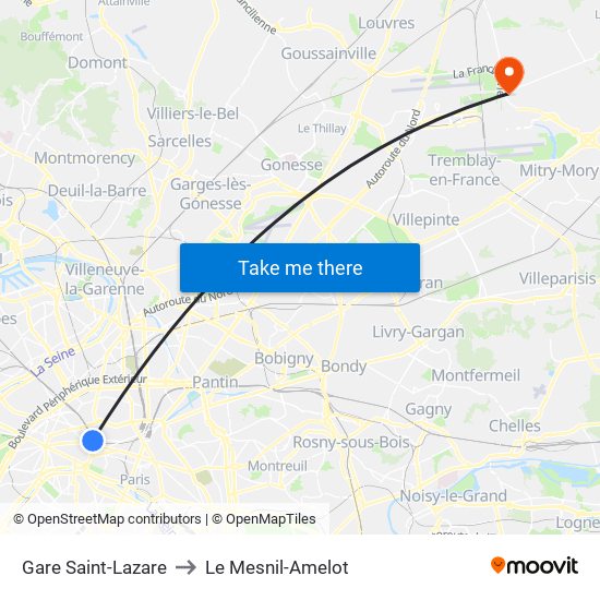Gare Saint-Lazare to Le Mesnil-Amelot map