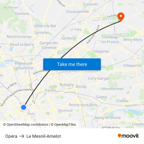 Opéra to Le Mesnil-Amelot map
