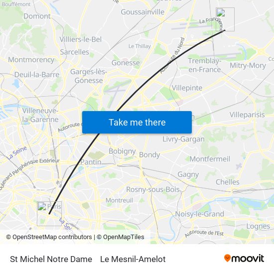 St Michel Notre Dame to Le Mesnil-Amelot map