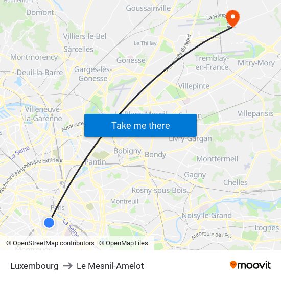 Luxembourg to Le Mesnil-Amelot map