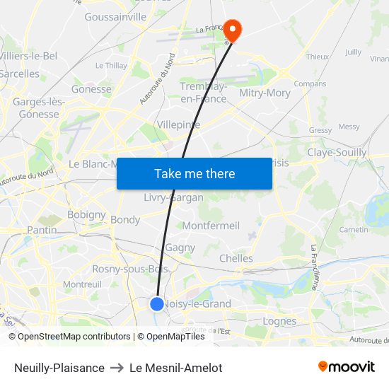 Neuilly-Plaisance to Le Mesnil-Amelot map