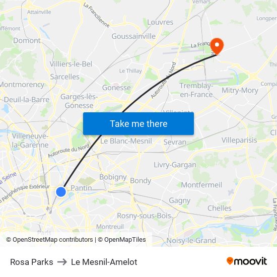 Rosa Parks to Le Mesnil-Amelot map