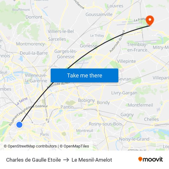 Charles de Gaulle Etoile to Le Mesnil-Amelot map