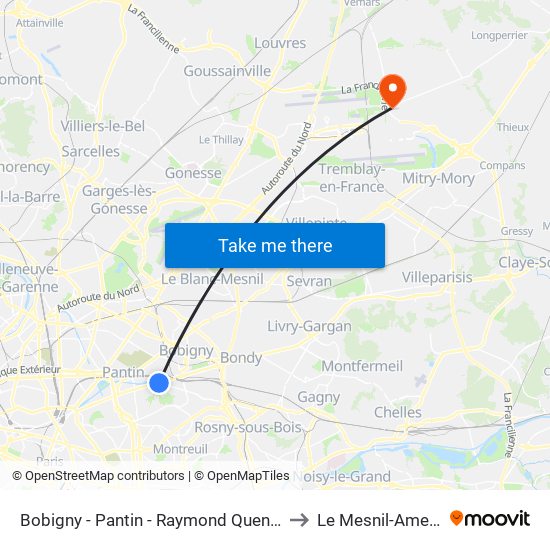 Bobigny - Pantin - Raymond Queneau to Le Mesnil-Amelot map