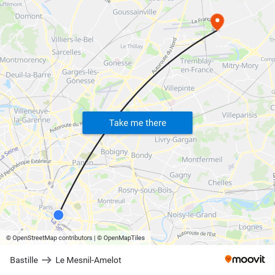 Bastille to Le Mesnil-Amelot map
