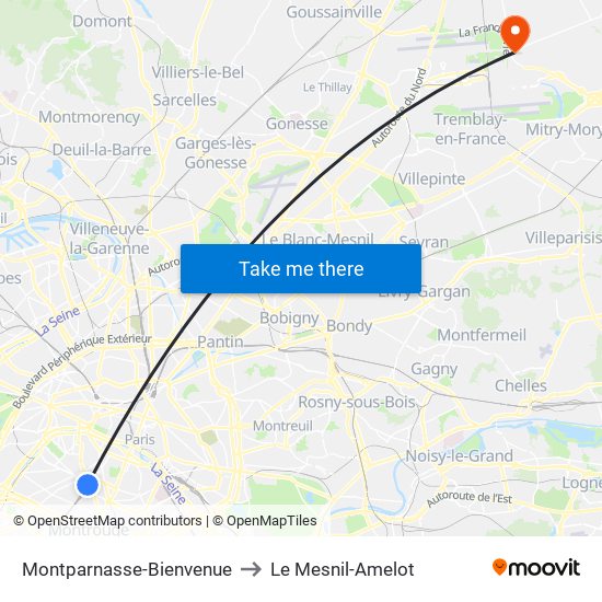Montparnasse-Bienvenue to Le Mesnil-Amelot map