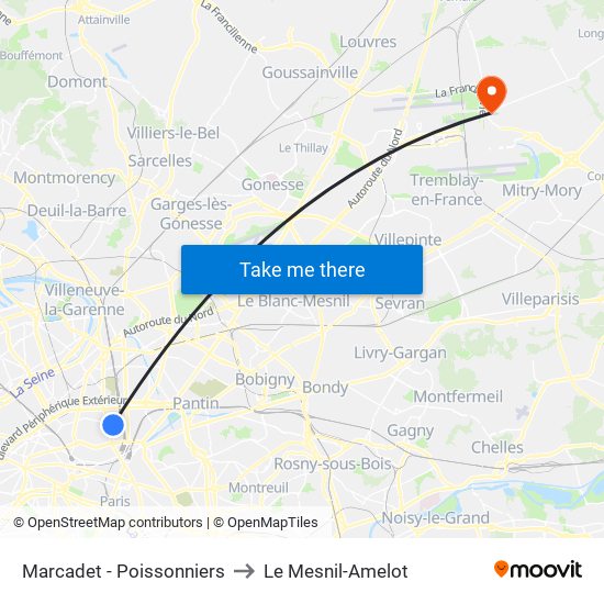 Marcadet - Poissonniers to Le Mesnil-Amelot map