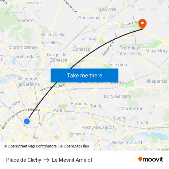 Place de Clichy to Le Mesnil-Amelot map