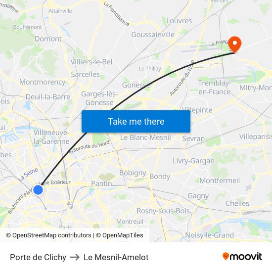 Porte de Clichy to Le Mesnil-Amelot map