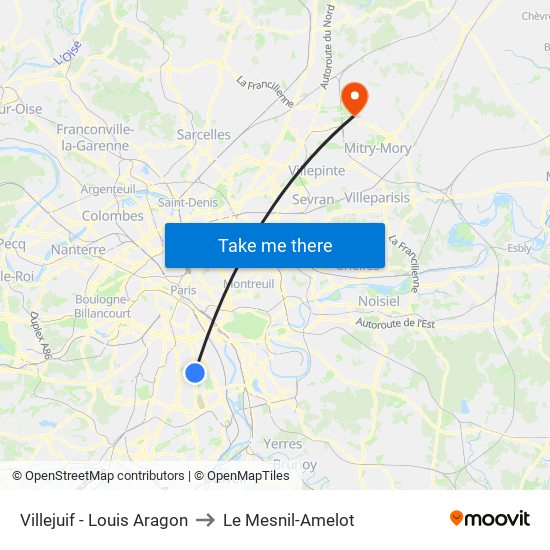 Villejuif - Louis Aragon to Le Mesnil-Amelot map