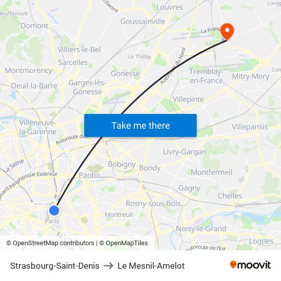 Strasbourg-Saint-Denis to Le Mesnil-Amelot map