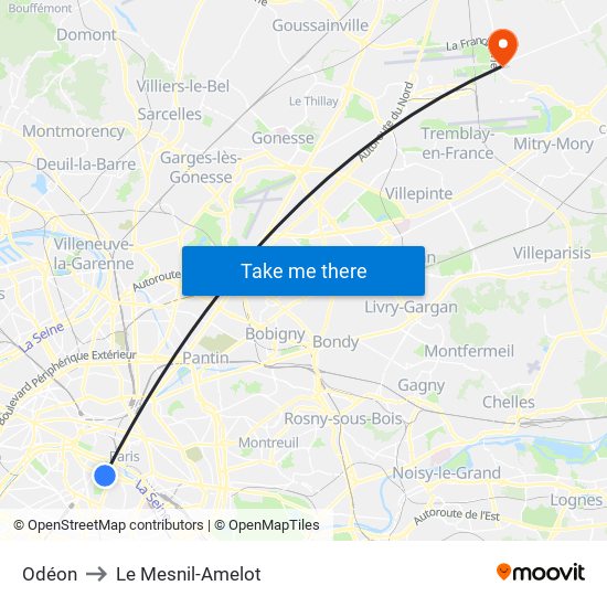 Odéon to Le Mesnil-Amelot map