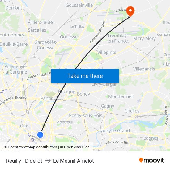 Reuilly - Diderot to Le Mesnil-Amelot map