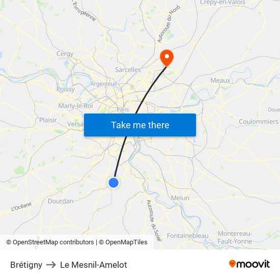 Brétigny to Le Mesnil-Amelot map