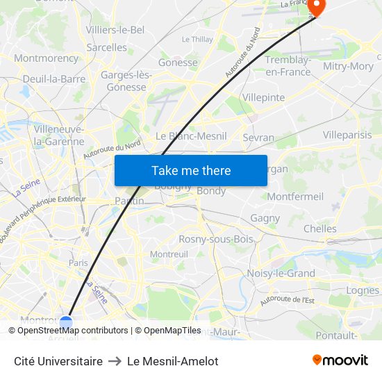 Cité Universitaire to Le Mesnil-Amelot map
