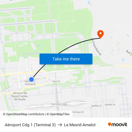 Aéroport Cdg 1 (Terminal 3) to Le Mesnil-Amelot map