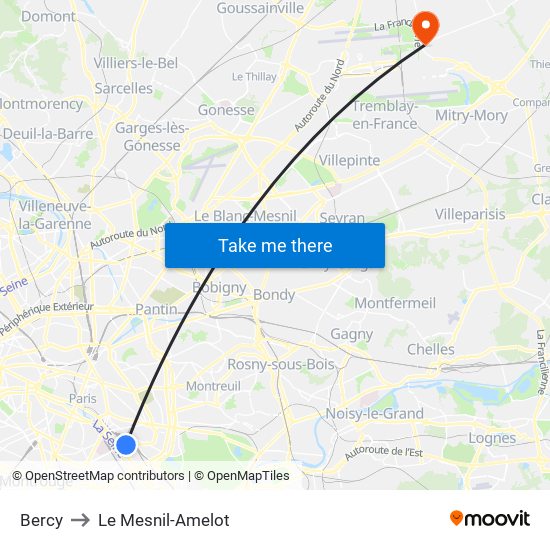 Bercy to Le Mesnil-Amelot map