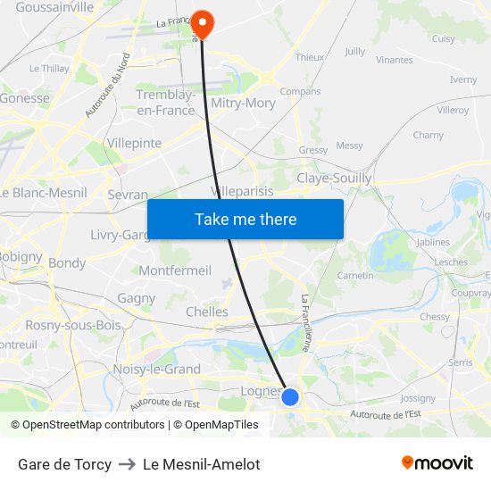 Gare de Torcy to Le Mesnil-Amelot map