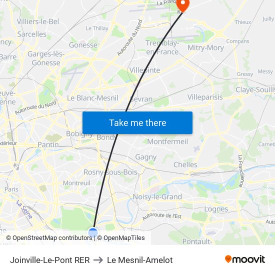 Joinville-Le-Pont RER to Le Mesnil-Amelot map