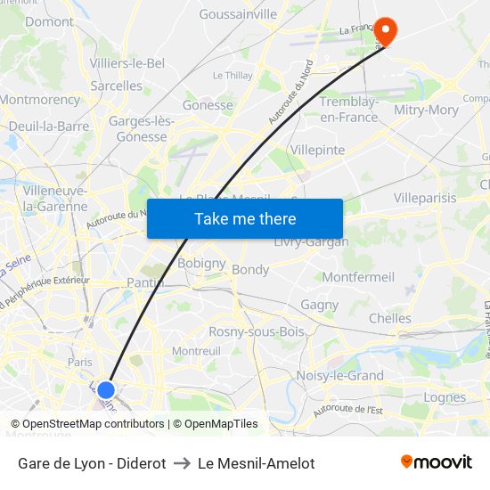 Gare de Lyon - Diderot to Le Mesnil-Amelot map