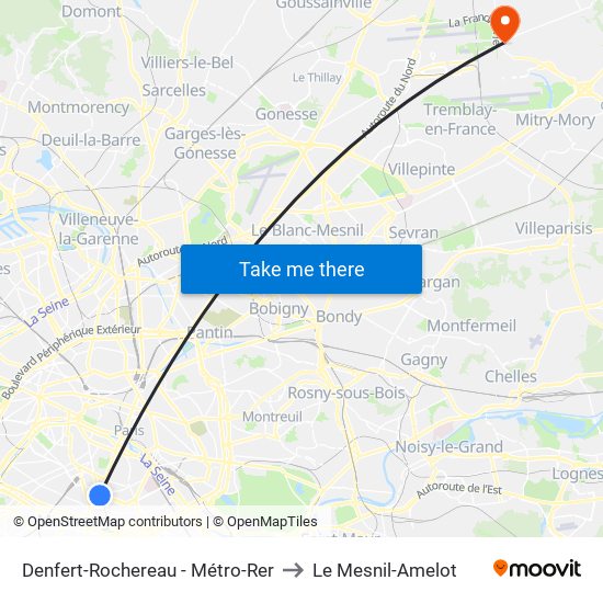 Denfert-Rochereau - Métro-Rer to Le Mesnil-Amelot map