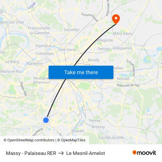 Massy - Palaiseau RER to Le Mesnil-Amelot map